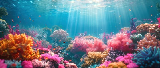 Crystal clear 8K background of a vibrant coral reef, full of marine life and colors, ideal for underwater themes