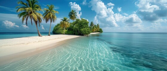 Deserted island with white sandy beaches and palm trees
