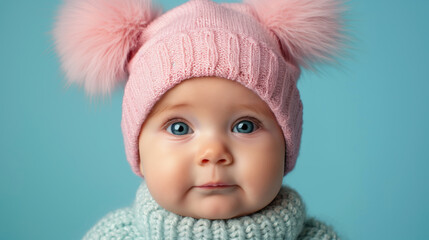 Close-up of a baby with blue eyes wearing a pink knit hat with fluffy pom-poms and a light blue sweater. The baby gazes directly at the camera against a solid blue background