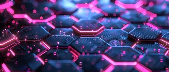 Wall Mural - Detailed digital pattern featuring interconnected neon hexagons, sophisticated tech elements, 8k UHD resolution