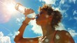 © Joyce - People drink bottle water with glowing hot sun in sky in summer