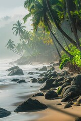 Wall Mural - Rocky tropical beach with palm tree