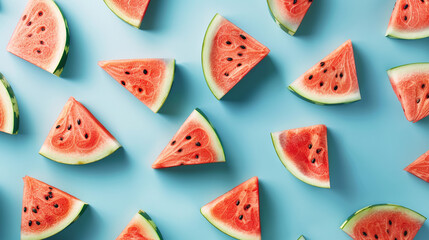 Watermelon slices on blue background. 