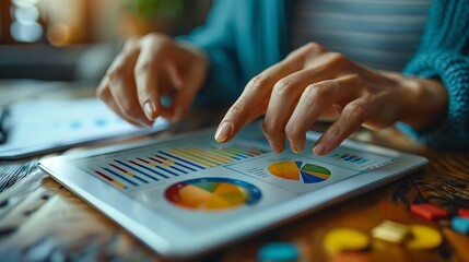 Wall Mural - A close-up shot of hands analyzing data on a tablet displaying various charts, with scattered analytic reports in the background.