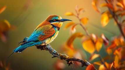 Wall Mural - Vibrant bee eater perched on branch watching, AI Generative.