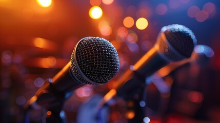 Two microphones are prominently positioned on a stage, set against a backdrop of colorful bokeh lights, suggesting a vibrant and dynamic live performance setting.