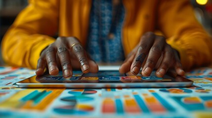 Wall Mural - Close-up of hands interacting with a tablet displaying interactive graphs, surrounded by scattered papers.