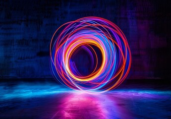 Poster - An abstract image of colorful light trails created by moving a light source in a circular motion in a dark room