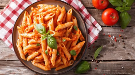 Wall Mural - Penne alla Vodka is a classic Italian pasta dish made with penne in a creamy tomato and vodka sauce close-up in a plate. Penne pasta. Italian Food Concept with Copy Space.