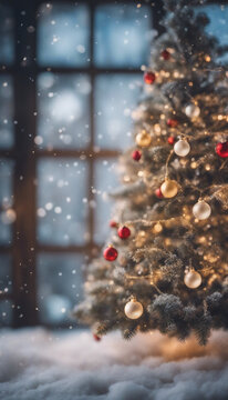 Christmas winter blurred background (vertical image) Christmas tree with snow decorated with garland