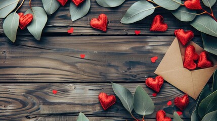 Sticker - Valentine s Day theme with red hearts and an empty letter on a wooden background arranged in a flat lay