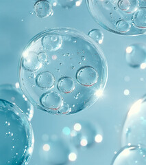 Wall Mural - Closeup of floating transparent bubbles on a light blue background, surrounded by large circles of liquid gel or serum, creating an abstract and luxurious aesthetic