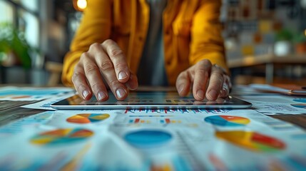 Wall Mural - Two hands in a close-up shot engaging with a tablet displaying key performance indicators, with scattered documents and reports in the background, capturing the essence of a strategic meeting.