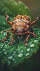 Wall Mural - Close-up of a beetle on a leaf with water droplets, nature macro photography concept