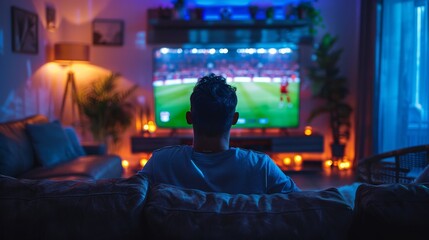 Wall Mural - A man sitting on a couch watching a soccer game on a large screen TV in a cozy, dimly lit living room, capturing the essence of relaxation and entertainment.