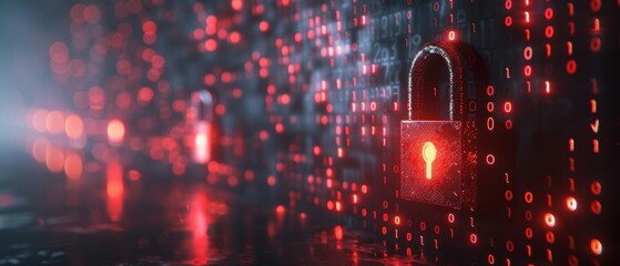 Digital padlock and binary code background symbolizing secure data transfer