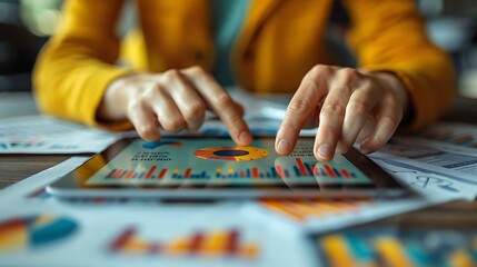 Wall Mural - Two hands in a close-up shot working on a tablet displaying business metrics, surrounded by various scattered documents and reports.