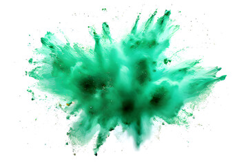 Wall Mural - A burst of vibrant green powder explodes across a dark background, frozen in mid-motion. The cloud-like shapes and sharp edges create an abstract and dynamic composition.