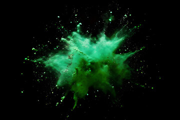 Poster - A burst of vibrant green powder explodes across a dark background, frozen in mid-motion. The cloud-like shapes and sharp edges create an abstract and dynamic composition.