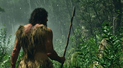 Caveman in prehistoric jungle hunting. Photorealistic.