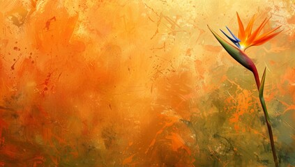 Wall Mural - A single Bird of Paradise flower stands out against a vibrant orange and green abstract background