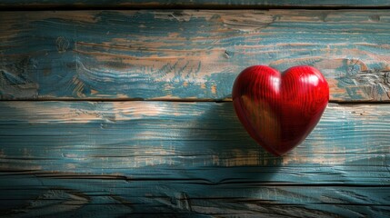 Sticker - Top view of a red heart on a wooden table for Valentine s Day with space for text