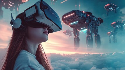 Wall Mural - A female is in a virtual fantasy futuristic world with giant robot when wearing VR headset.