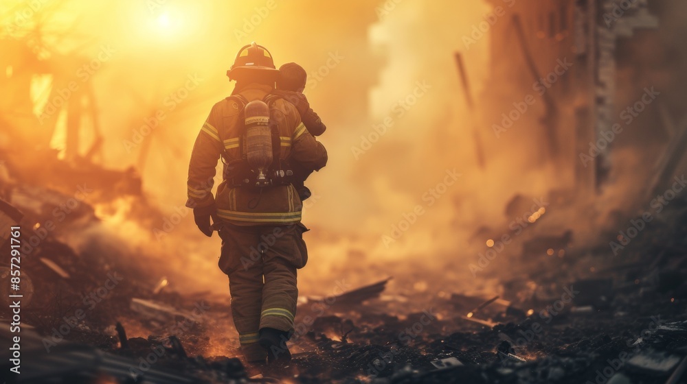 Firefighter rescue a little child from burning fire building Stock ...