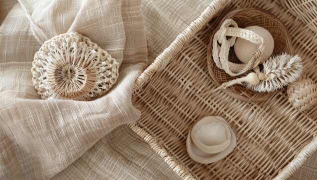 A wicker basket filled with natural elements, including a woven round object, a white egg, and a dried flower, is shown against a backdrop of white linen fabric