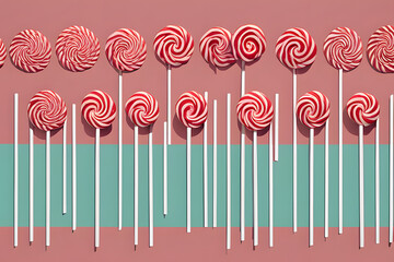 Poster - A playful and colorful assortment of lollipops and candy pops scattered on a vibrant teal background. 