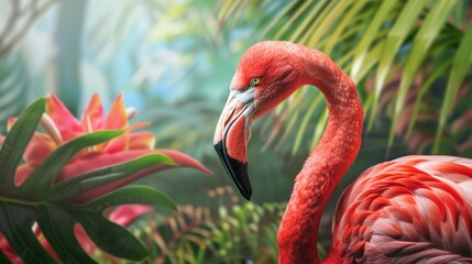 Wall Mural - Pink flamingo in tropical jungle with bright foliage, vibrant wildlife concept