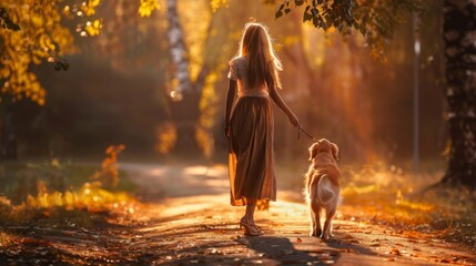 Wall Mural - Dog walking with a graceful female in skirt in outdoor park woods. Warm sunlight.