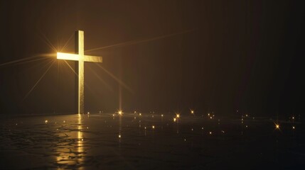 Wall Mural -  Minimalistic Christian Cross Illuminated in Golden Lines on Black Background