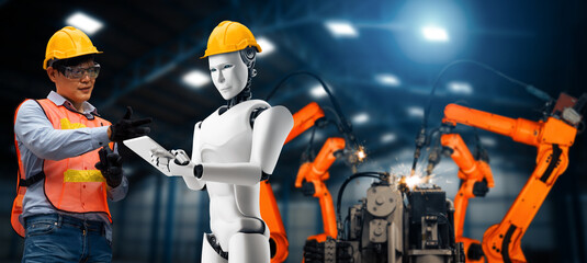 Wall Mural - MLP Mechanized industry robot and human worker working together in future factory. Concept of artificial intelligence for industrial revolution and automation manufacturing process.