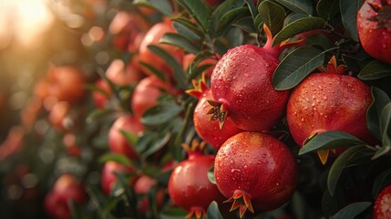 Sticker - A close-up shot of dewy pomegranates hanging on a tree at sunrise, highlighting the fresh and luscious appeal of the fruit as the morning light enhances its vibrant color.