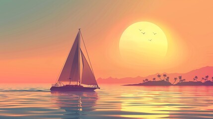 Vector illustration of sailing boat and beautiful scenic landscape of tropical sea.