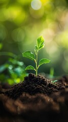 Wall Mural - Young plant growing from soil with green bokeh background, close-up. Environmental conservation and growth concept