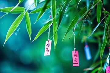 Wall Mural - Small pieces of thin colored paper (tandzaku) with wishes written on them hang on bamboo branches, close-up. The traditional holiday of Tanabata