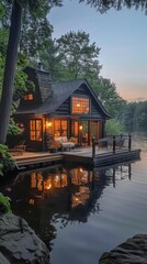 Wall Mural - A serene lakeside cabin with a view of the water