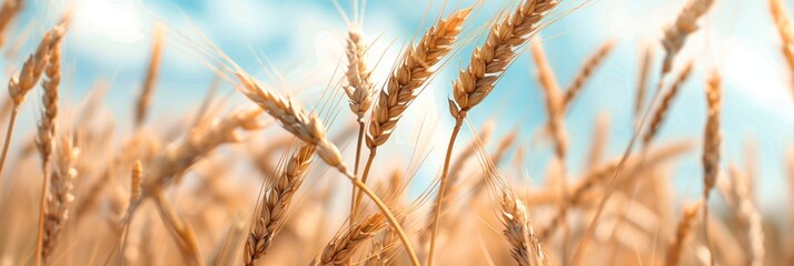 Abstract background of golden wheat ear in field with blue sky