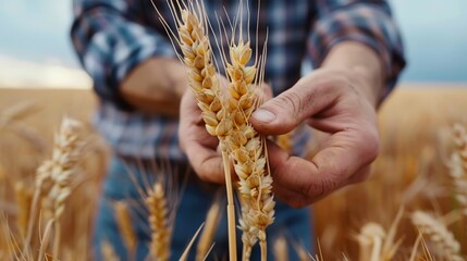 Closeup view of hand touching wheat ear in field.