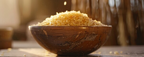 Wall Mural - Wooden bowl filled with rice grains in natural light, close-up. Rustic food and organic ingredient concept