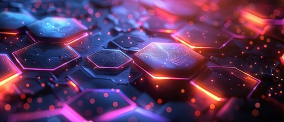 Wall Mural - Geometric digital design featuring interconnected neon hexagons, sophisticated tech elements, 8k UHD resolution