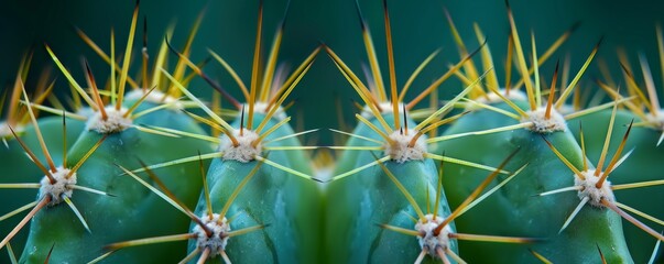 Close-up of green cactus with sharp yellow spines, macro photography. Nature and botanical concept