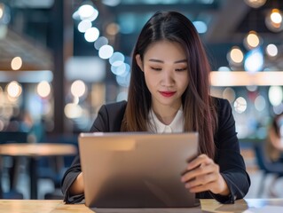 young asian business woman using digita tablet and working on laptop computer at modern office.