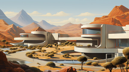 Poster - Retro futuristic architecture in sci-fi scene on the desert planet. Alien landscape with nostalgic retro future constructions.