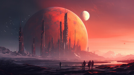 Poster - Space landscape on alien planet with mountains and sun in the style of 80s sci-fi book art.