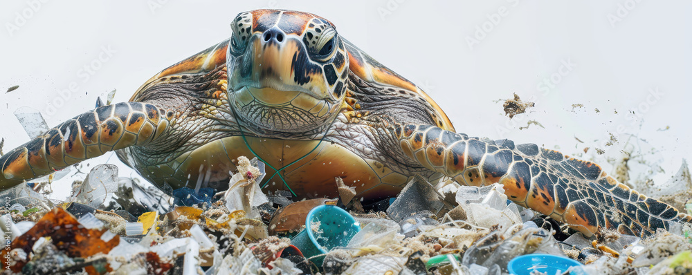 Wildlife trapped in plastic waste on a trash island, sea turtles and ...