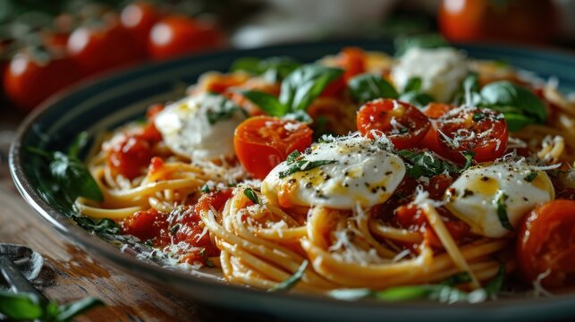 Pasta. Spaghetti with tomato sauce and mozzarella. Spaghetti. Pasta. Delicious appetizing classic spaghetti pasta. Italian Food Concept with Copy Space.