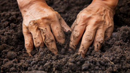 Close-up of hands digging into dark, rich soil, showcasing the texture and detail of both the hands and the earth